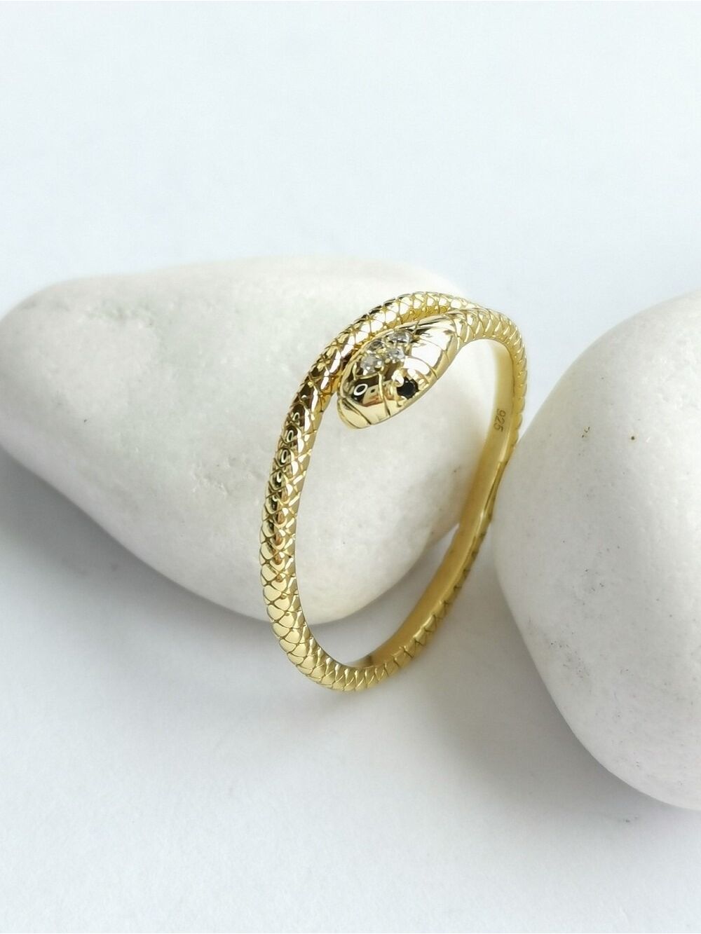 Snake ring 14k Gold over Sterling Silver serpent CZ Black Spinel Size 7 🆕